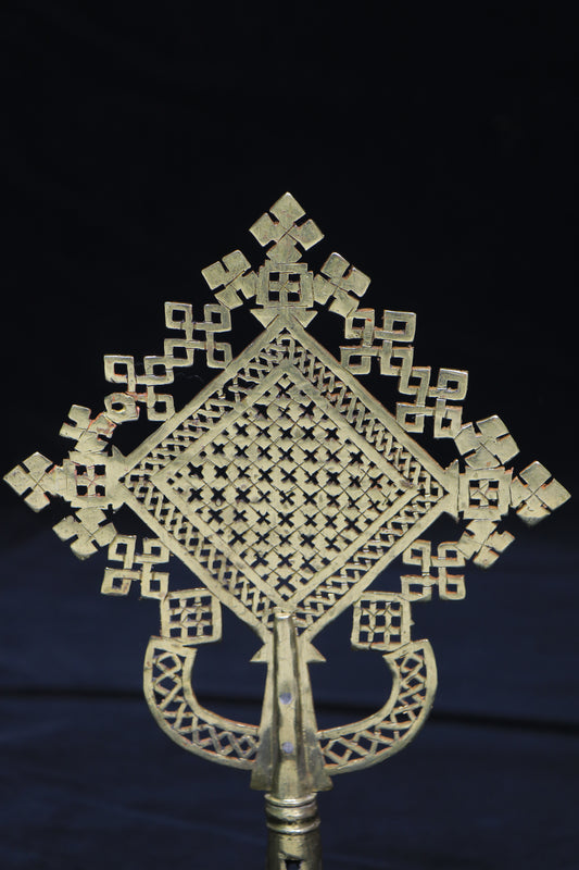Ethiopian Brass Processional Cross 35cm - Handmade Coptic Christian Blessing Cross